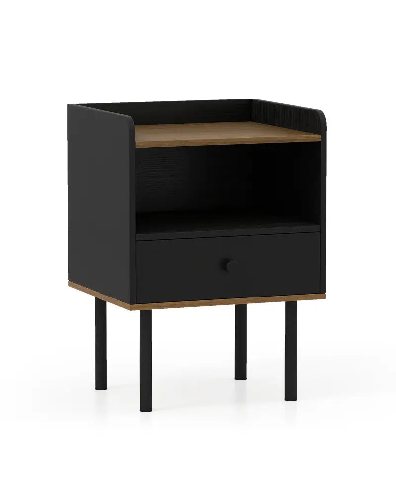 Nightstand with Drawer 3-Tier Sofa Side Table with Open Storage Shelf-Black - Black - Nightstands