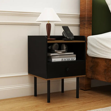 Nightstand with Drawer 3-Tier Sofa Side Table with Open Storage Shelf-Black - Black - Nightstands