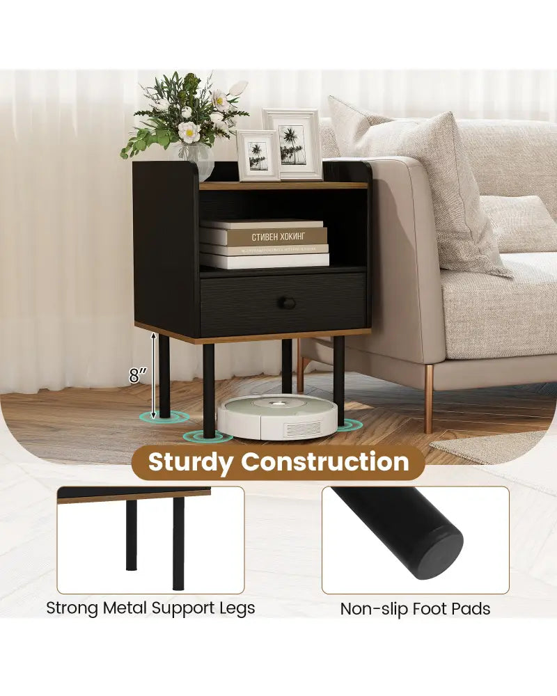 Nightstand with Drawer 3-Tier Sofa Side Table with Open Storage Shelf-Black - Black - Nightstands