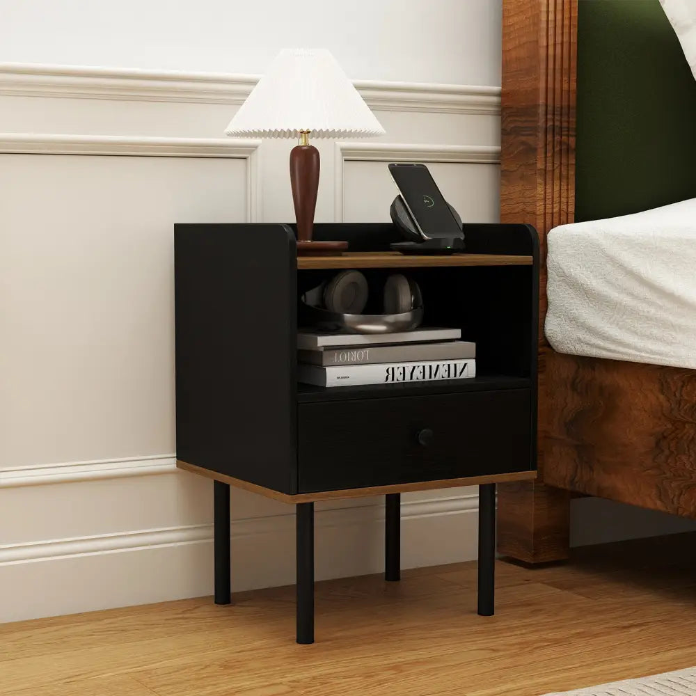 Nightstand with Drawer 3-Tier Sofa Side Table with Open Storage Shelf-Black - Black - Nightstands