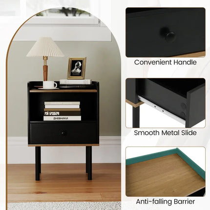 Nightstand with Drawer 3-Tier Sofa Side Table with Open Storage Shelf-Black - Black - Nightstands