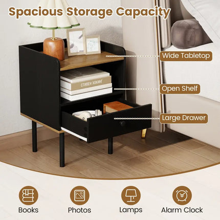 Nightstand with Drawer 3-Tier Sofa Side Table with Open Storage Shelf Set of 2-Black - Black - Nightstands