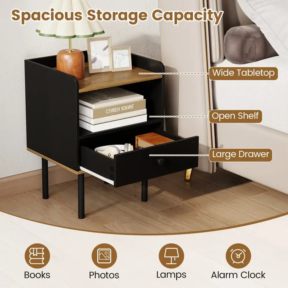 Nightstand with Drawer 3-Tier Sofa Side Table with Open Storage Shelf Set of 2-Black - Black - Nightstands