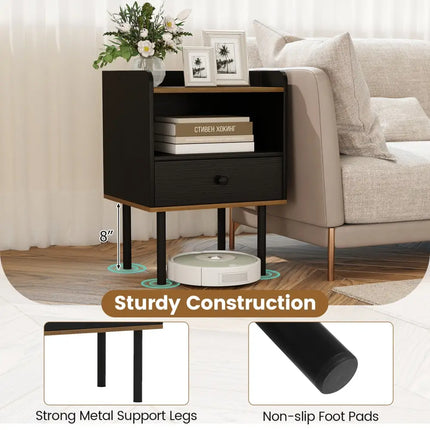 Nightstand with Drawer 3-Tier Sofa Side Table with Open Storage Shelf Set of 2-Black - Black - Nightstands