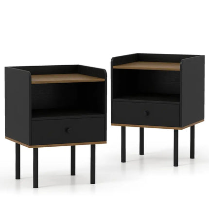 Nightstand with Drawer 3-Tier Sofa Side Table with Open Storage Shelf Set of 2-Black - Black - Nightstands