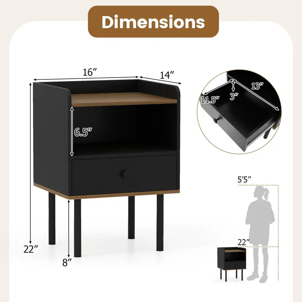 Nightstand with Drawer 3-Tier Sofa Side Table with Open Storage Shelf Set of 2-Black - Black - Nightstands