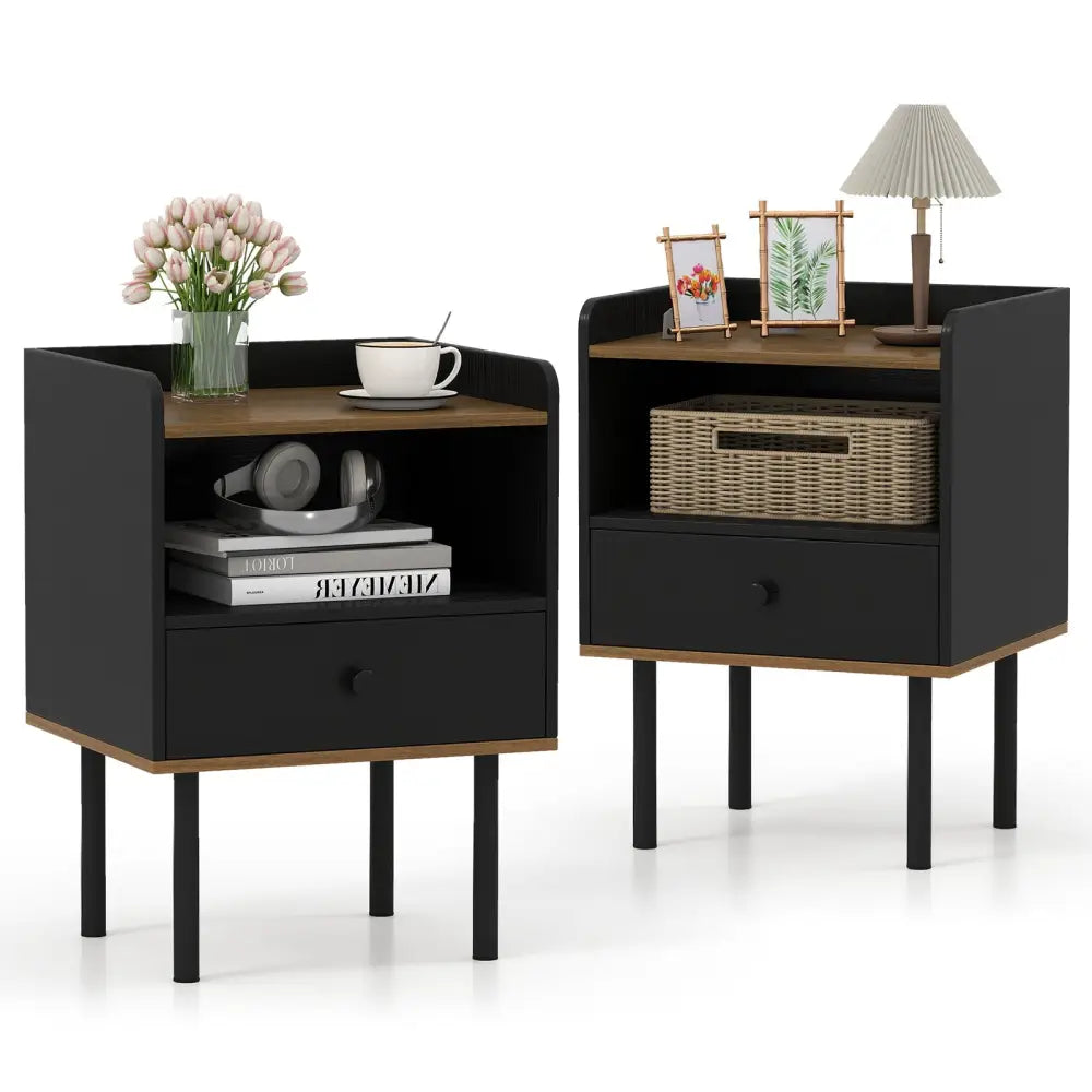 Nightstand with Drawer 3-Tier Sofa Side Table with Open Storage Shelf Set of 2-Black - Black - Nightstands
