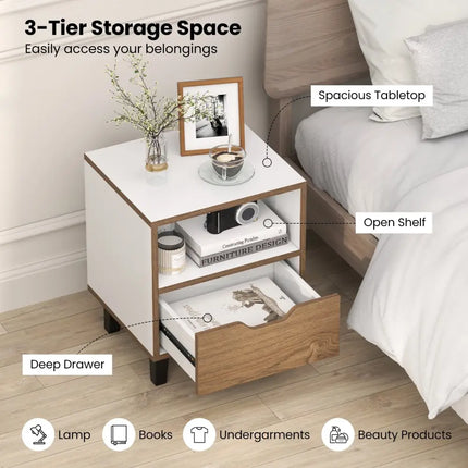 Nightstand with Drawer and Open Storage Shelf for Bedroom-White - White - Nightstands