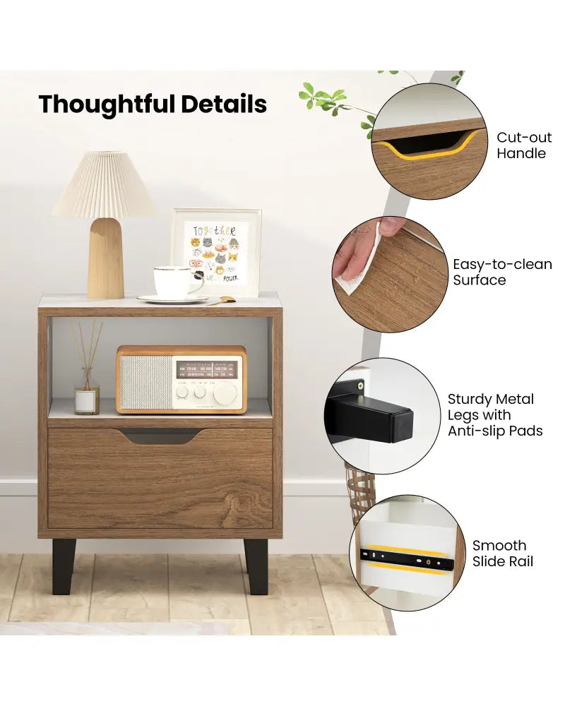 Nightstand with Drawer and Open Storage Shelf for Bedroom-White - White - Nightstands