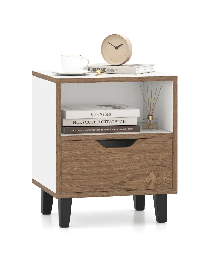 Nightstand with Drawer and Open Storage Shelf for Bedroom-White - White - Nightstands
