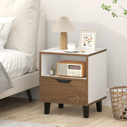 Nightstand with Drawer and Open Storage Shelf for Bedroom-White - White - Nightstands