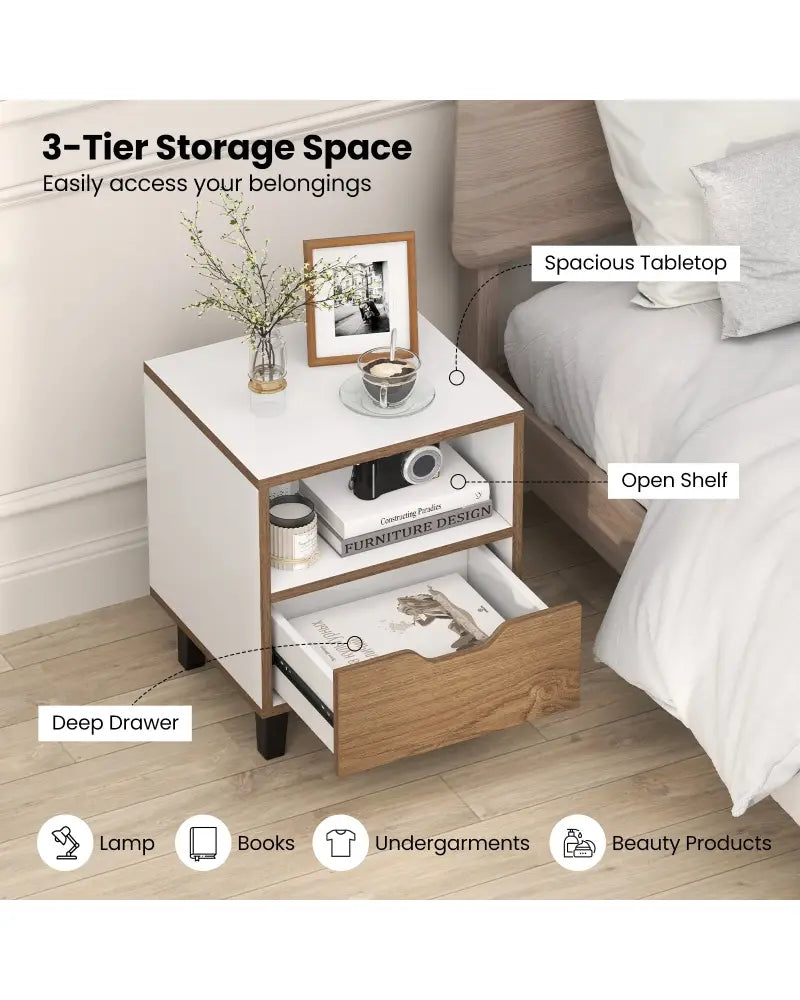 Nightstand with Drawer and Open Storage Shelf for Bedroom-White - White - Nightstands