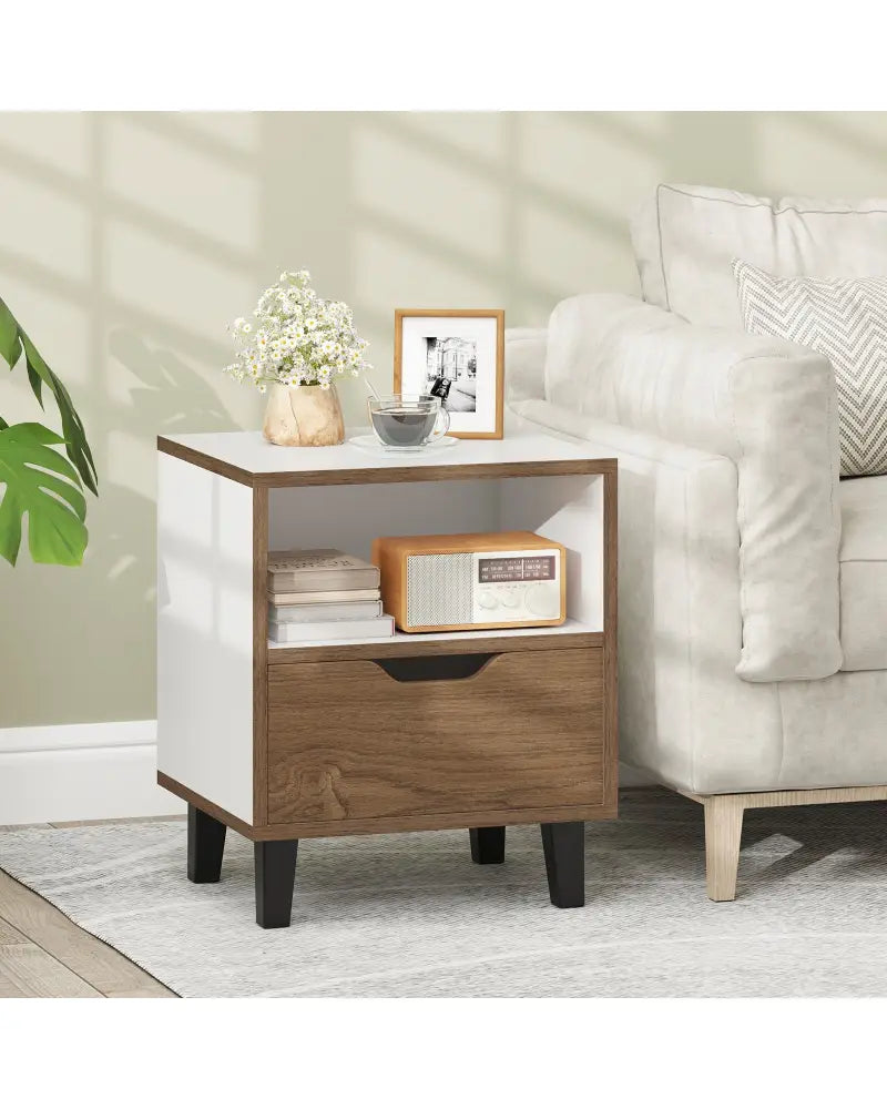 Nightstand with Drawer and Open Storage Shelf for Bedroom-White - White - Nightstands