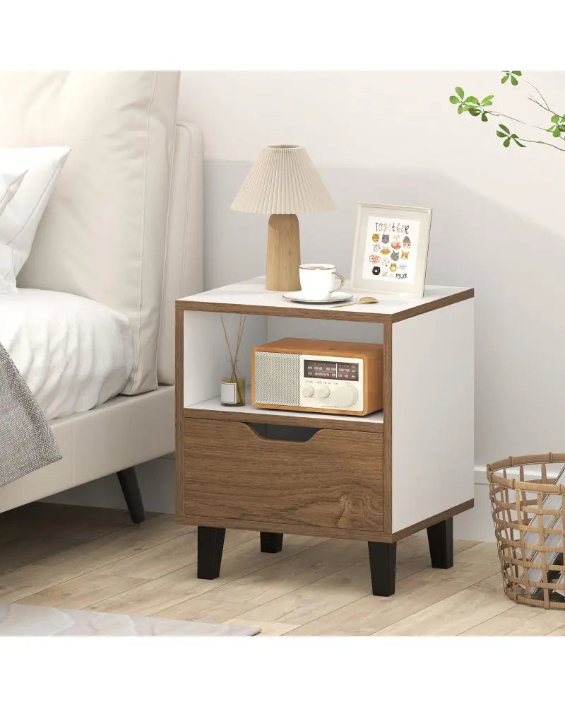 Nightstand with Drawer and Open Storage Shelf for Bedroom-White - White - Nightstands