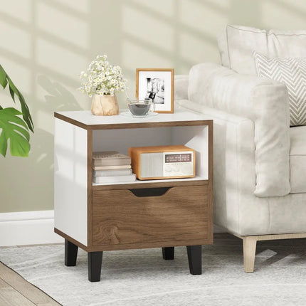 Nightstand with Drawer and Open Storage Shelf for Bedroom-White - White - Nightstands
