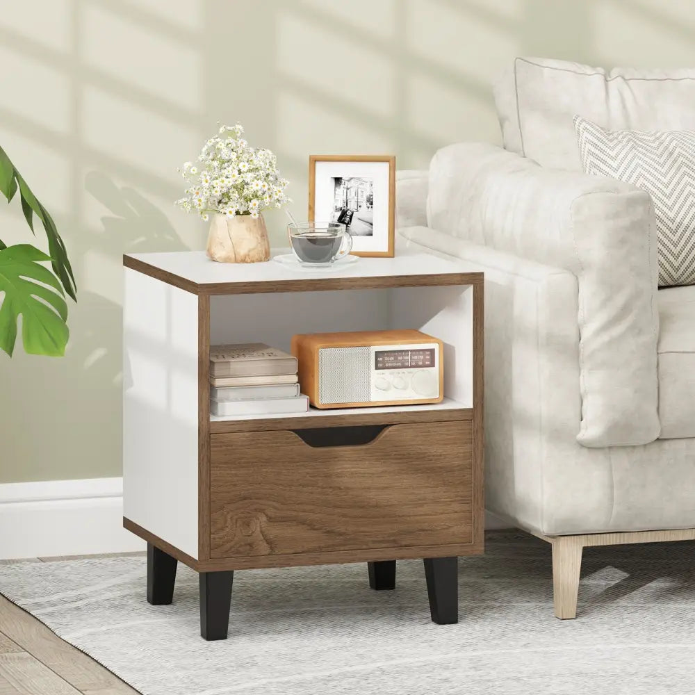 Nightstand with Drawer and Open Storage Shelf for Bedroom-White - White - Nightstands