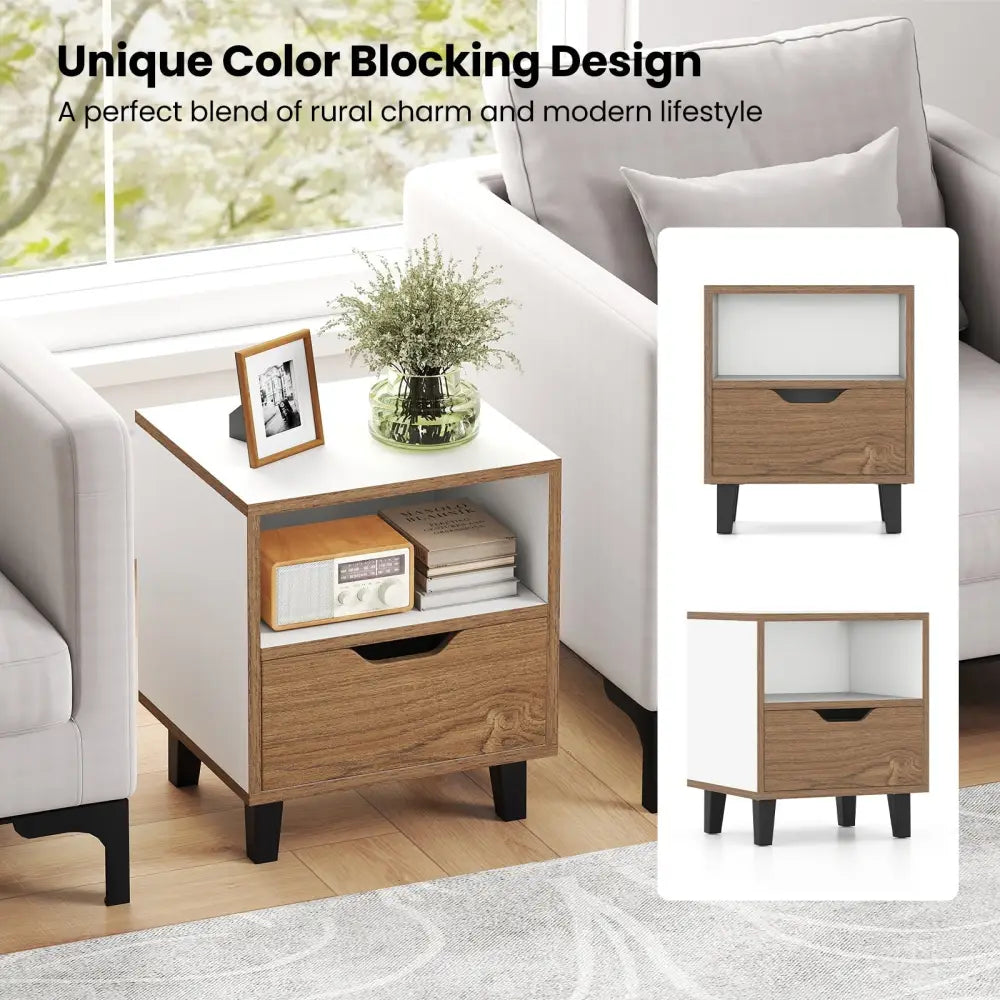 Nightstand with Drawer and Open Storage Shelf for Bedroom-White - White - Nightstands