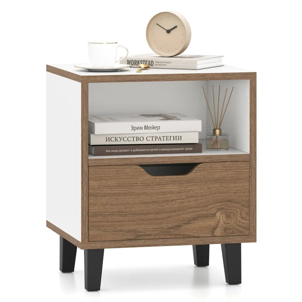 Nightstand with Drawer and Open Storage Shelf for Bedroom-White - White - Nightstands
