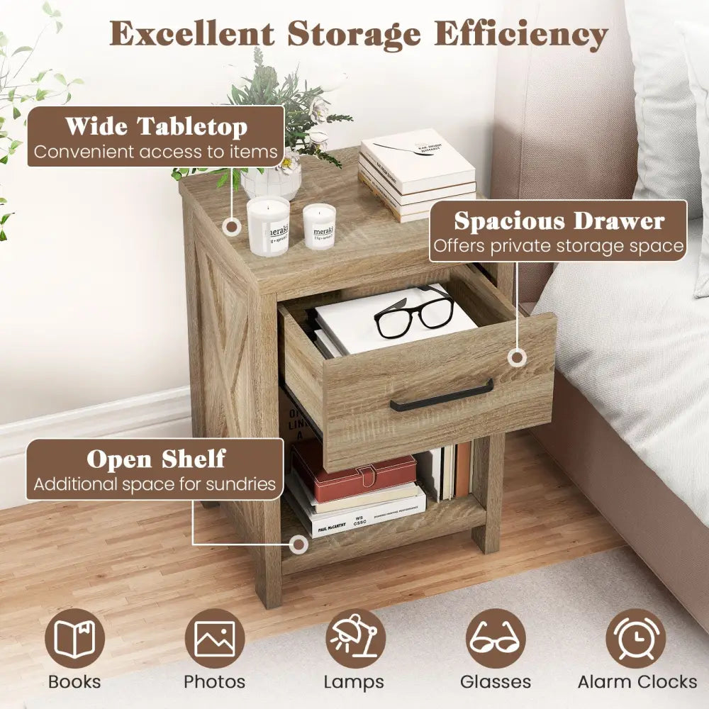 Nightstand with Drawer and Shelf-Natural - Natural - Nightstands