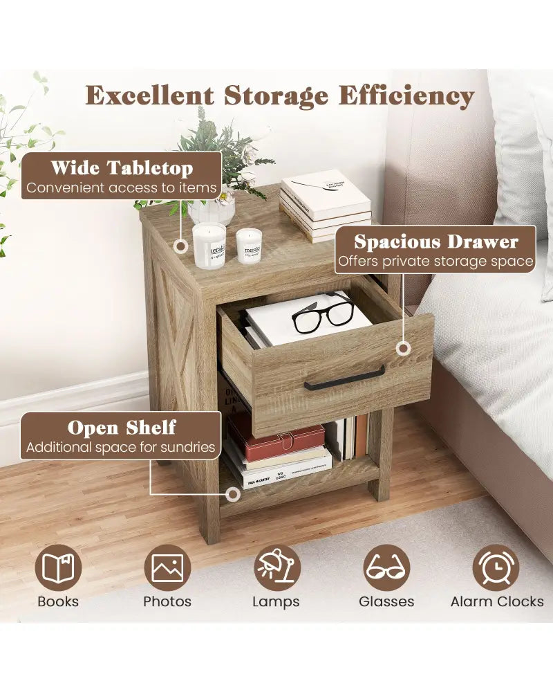 Nightstand with Drawer and Shelf-Natural - Natural - Nightstands