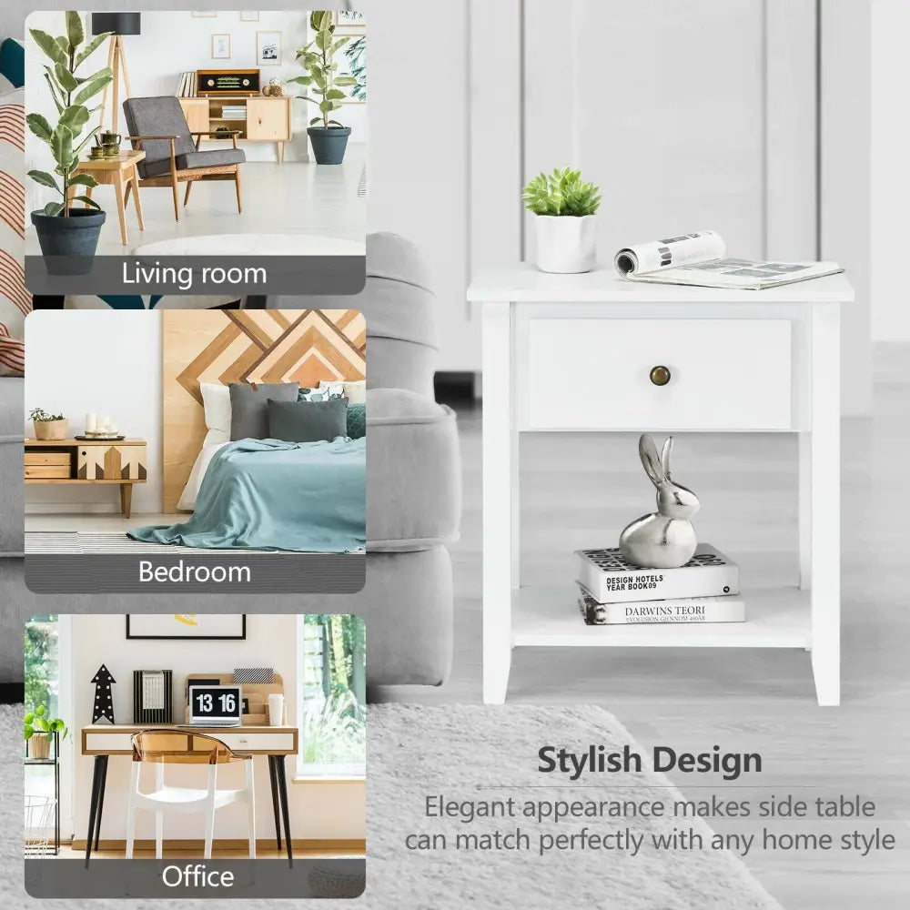 Nightstand with Drawer and Storage Shelf for Bedroom Living Room-White - White - Nightstands