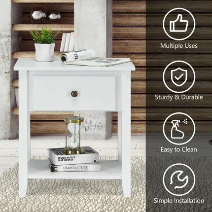Nightstand with Drawer and Storage Shelf for Bedroom Living Room-White - White - Nightstands