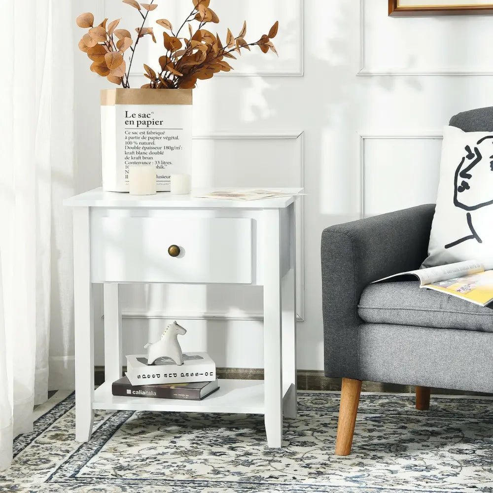 Nightstand with Drawer and Storage Shelf for Bedroom Living Room-White - White - Nightstands