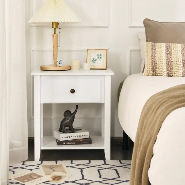 Nightstand with Drawer and Storage Shelf for Bedroom Living Room-White - White - Nightstands