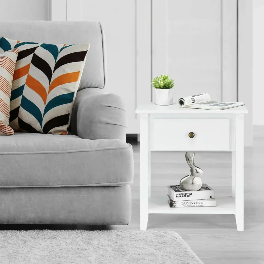Nightstand with Drawer and Storage Shelf for Bedroom Living Room-White - White - Nightstands