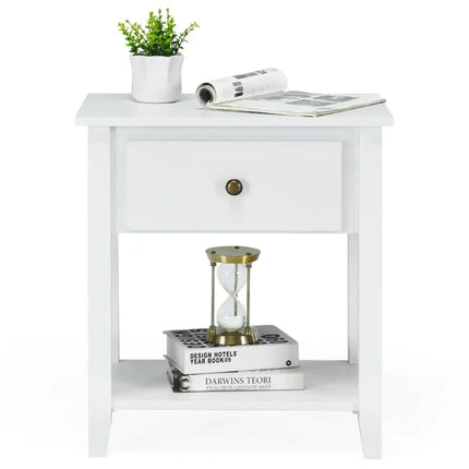 Nightstand with Drawer and Storage Shelf for Bedroom Living Room-White - White - Nightstands