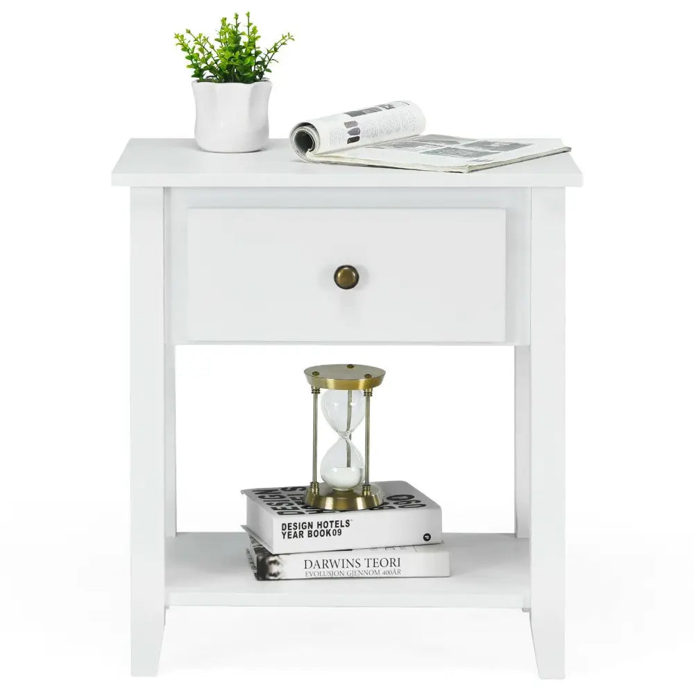 Nightstand with Drawer and Storage Shelf for Bedroom Living Room-White - White - Nightstands