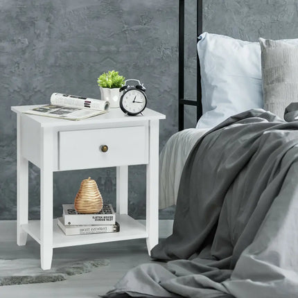 Nightstand with Drawer and Storage Shelf for Bedroom Living Room-White - White - Nightstands
