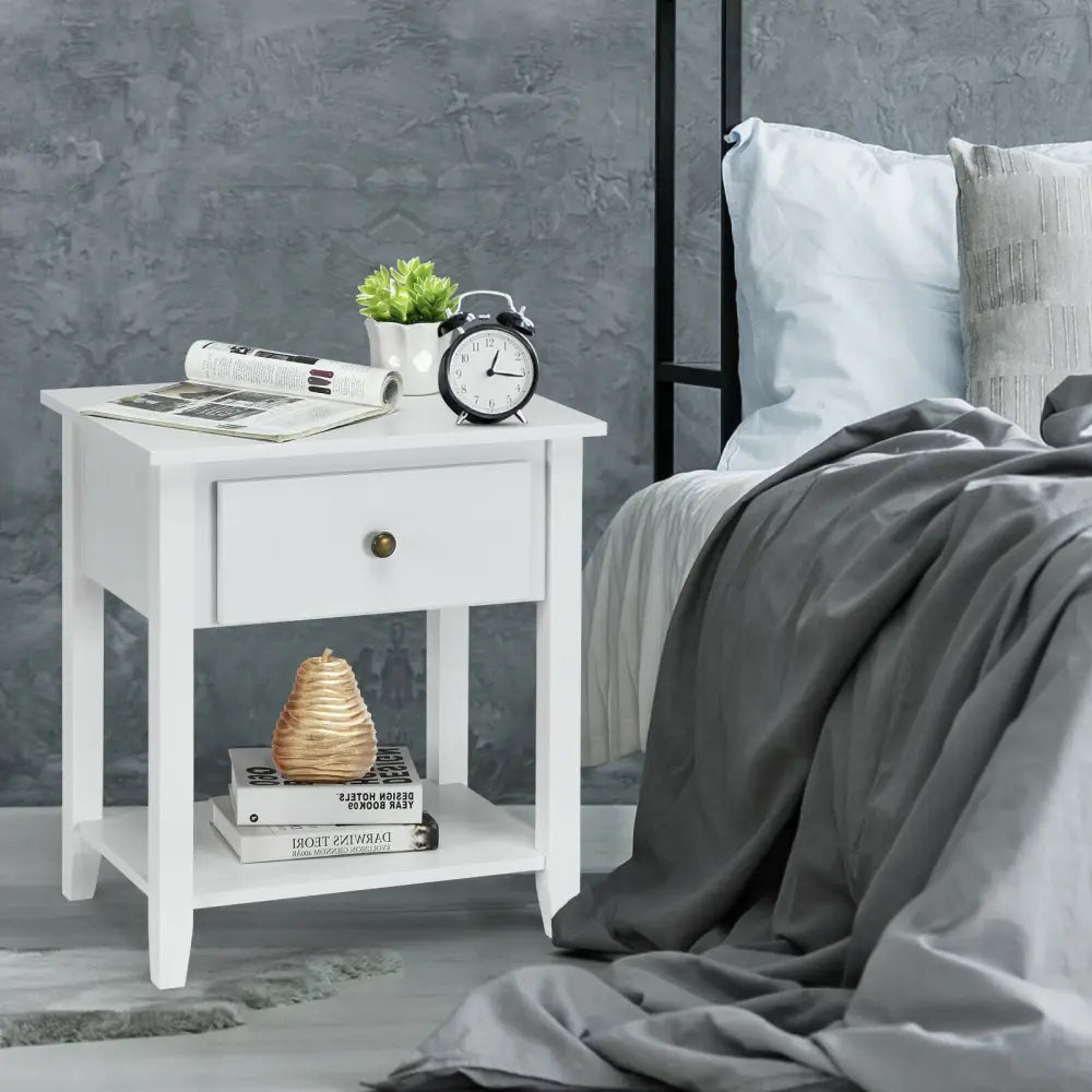 Nightstand with Drawer and Storage Shelf for Bedroom Living Room-White - White - Nightstands