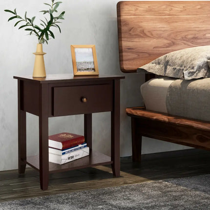 Nightstand with Drawer and Storage Shelf for Bedroom Living Room-Dark Brown - Dark Brown - Nightstands