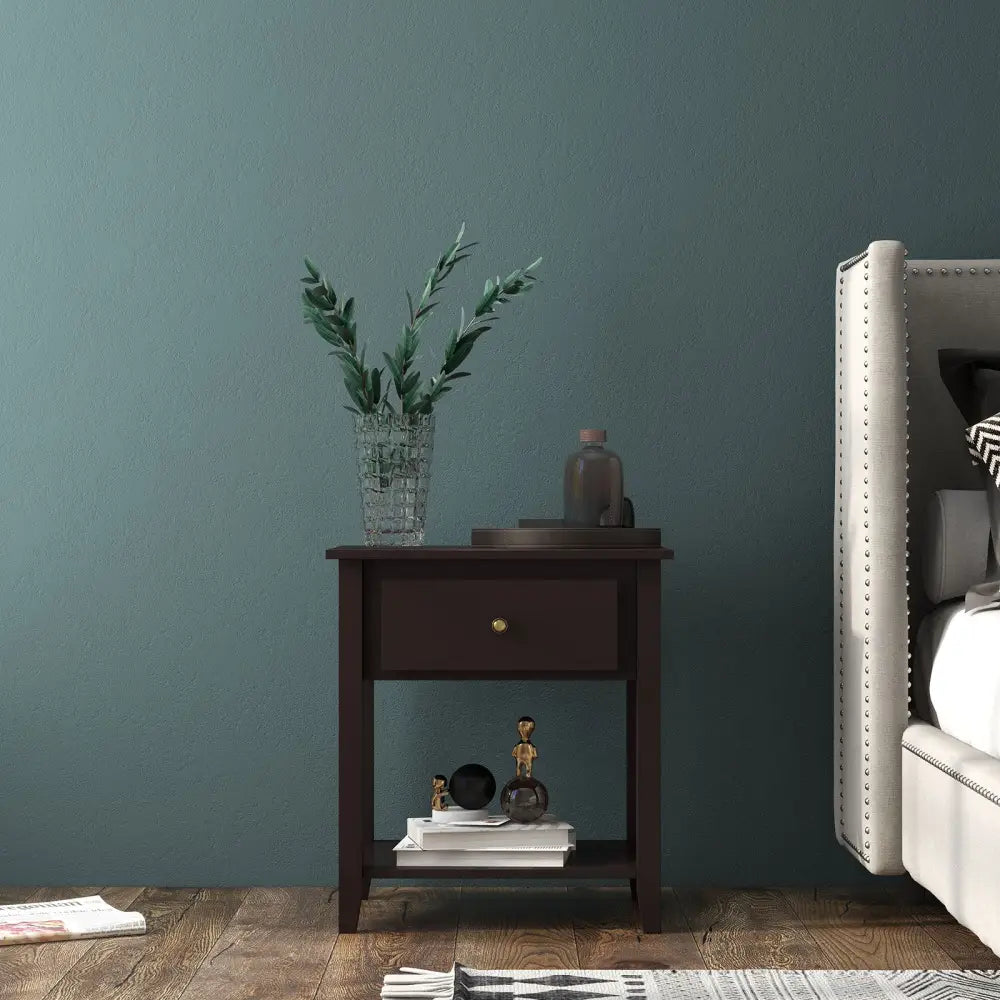 Nightstand with Drawer and Storage Shelf for Bedroom Living Room-Dark Brown - Dark Brown - Nightstands