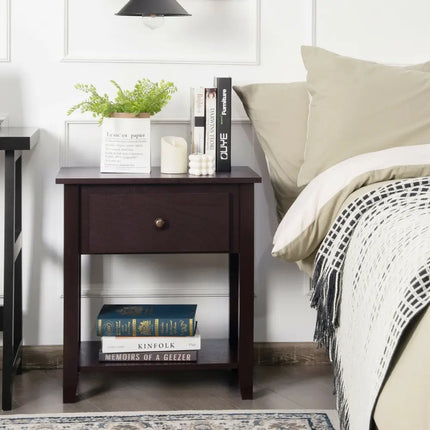 Nightstand with Drawer and Storage Shelf for Bedroom Living Room-Dark Brown - Dark Brown - Nightstands