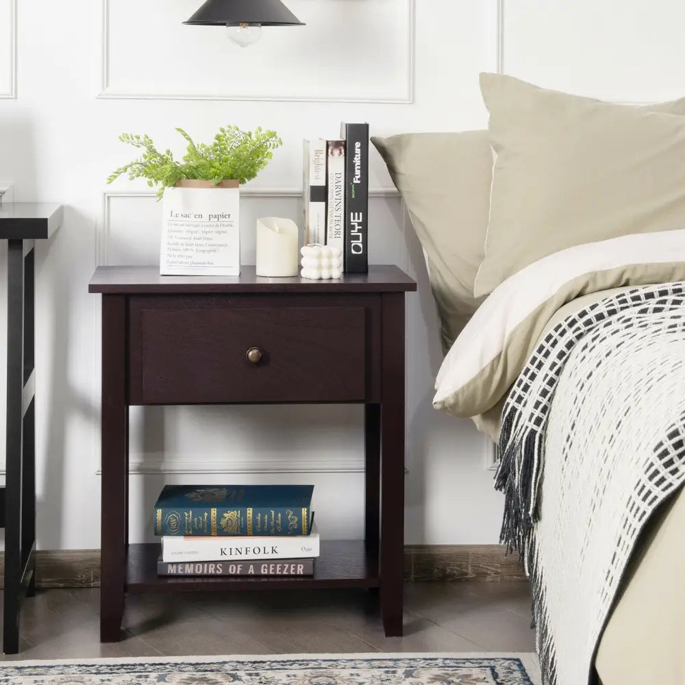 Nightstand with Drawer and Storage Shelf for Bedroom Living Room-Dark Brown - Dark Brown - Nightstands