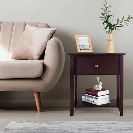 Nightstand with Drawer and Storage Shelf for Bedroom Living Room-Dark Brown - Dark Brown - Nightstands