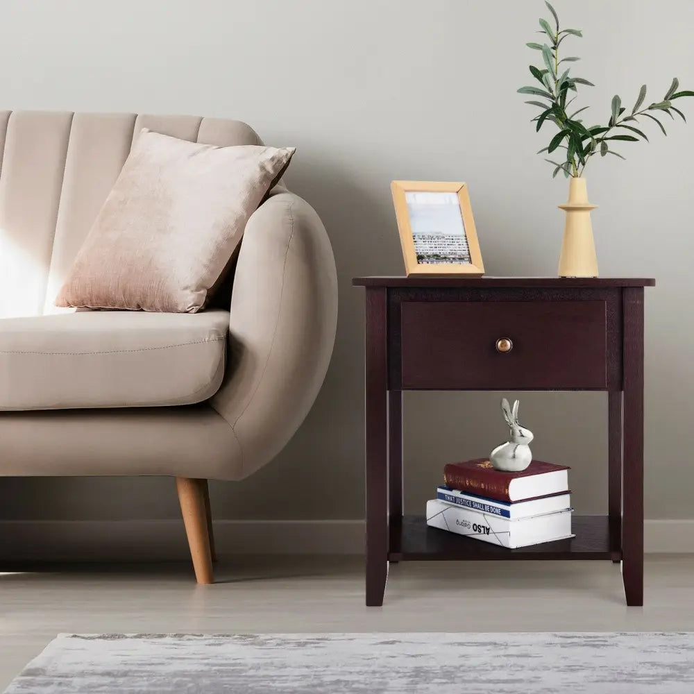 Nightstand with Drawer and Storage Shelf for Bedroom Living Room-Dark Brown - Dark Brown - Nightstands