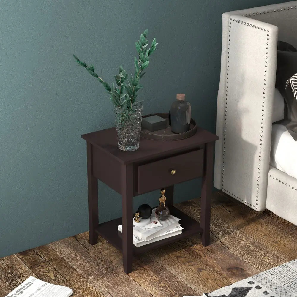 Nightstand with Drawer and Storage Shelf for Bedroom Living Room-Dark Brown - Dark Brown - Nightstands