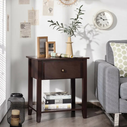 Nightstand with Drawer and Storage Shelf for Bedroom Living Room-Dark Brown - Dark Brown - Nightstands