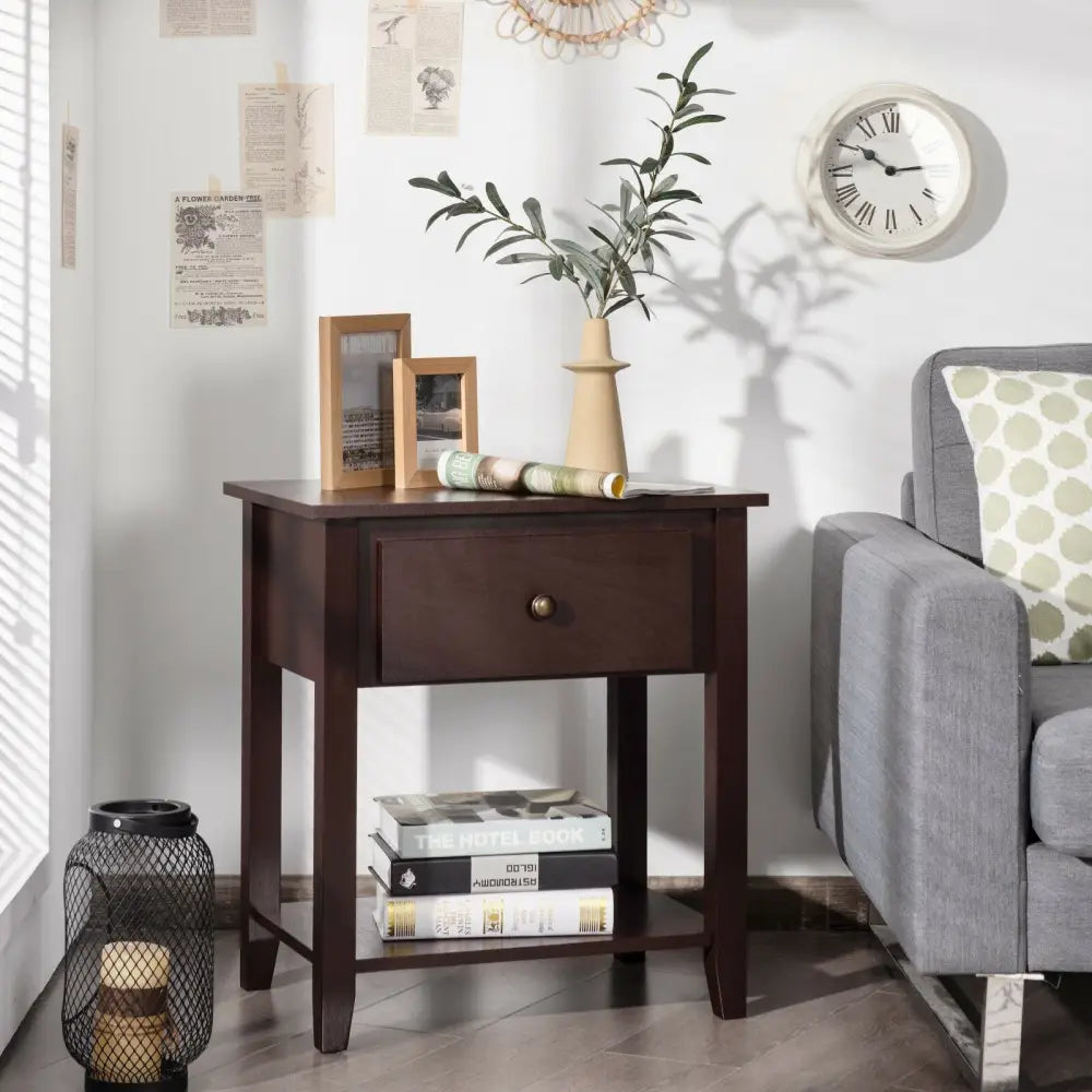 Nightstand with Drawer and Storage Shelf for Bedroom Living Room-Dark Brown - Dark Brown - Nightstands