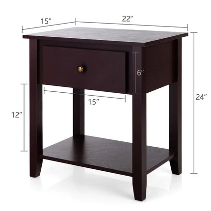 Nightstand with Drawer and Storage Shelf for Bedroom Living Room-Dark Brown - Dark Brown - Nightstands