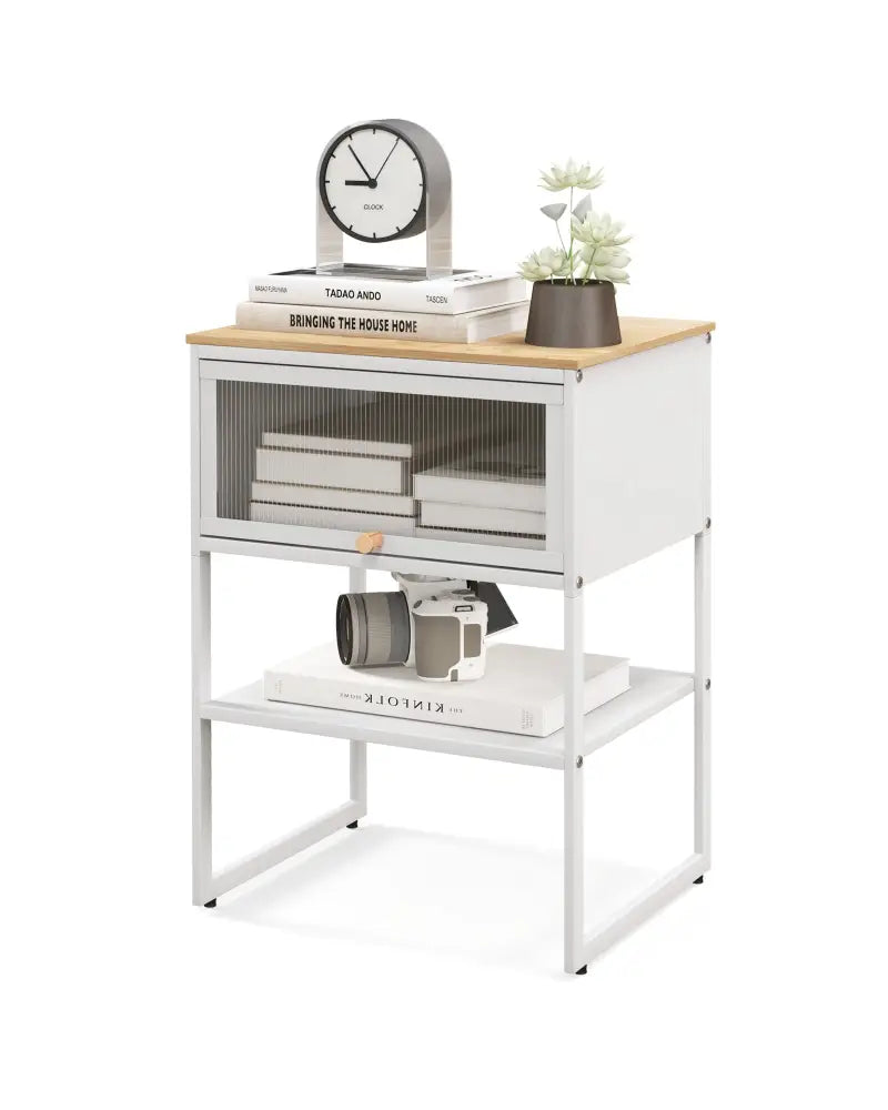 Nightstand with Flip up Door Storage Shelf-White - White - Nightstands