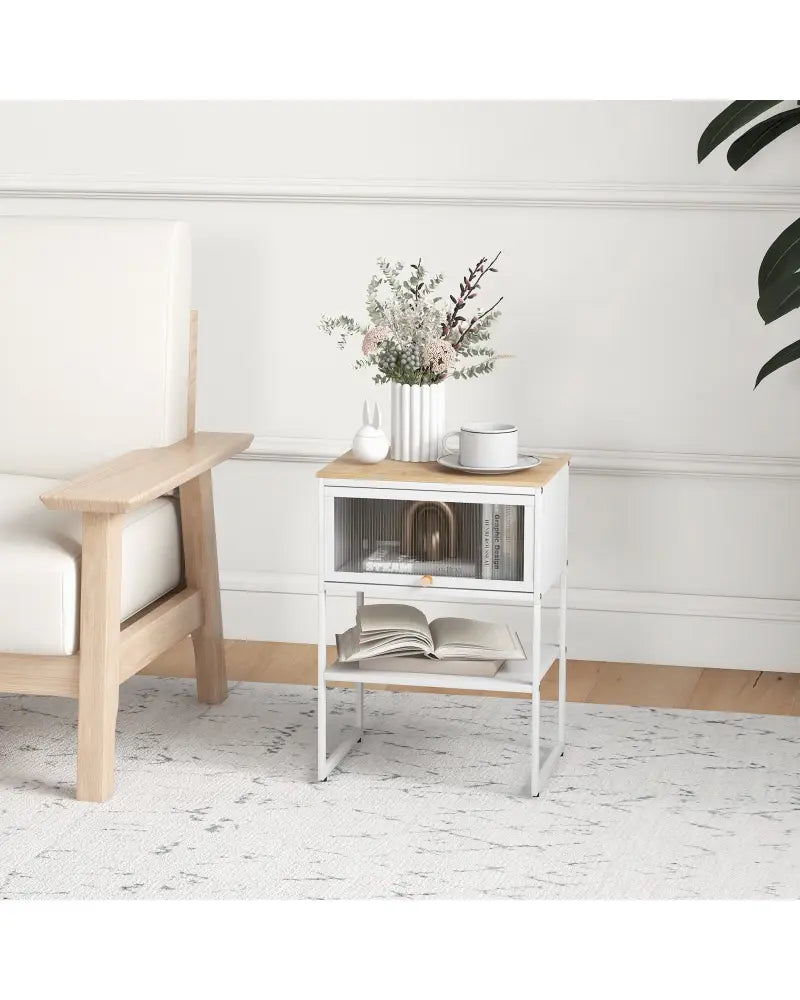 Nightstand with Flip up Door Storage Shelf-White - White - Nightstands