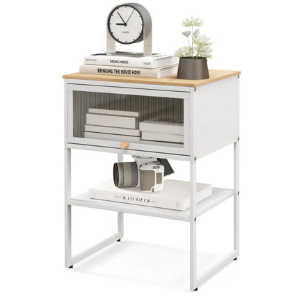 Nightstand with Flip up Door Storage Shelf-White - White - Nightstands