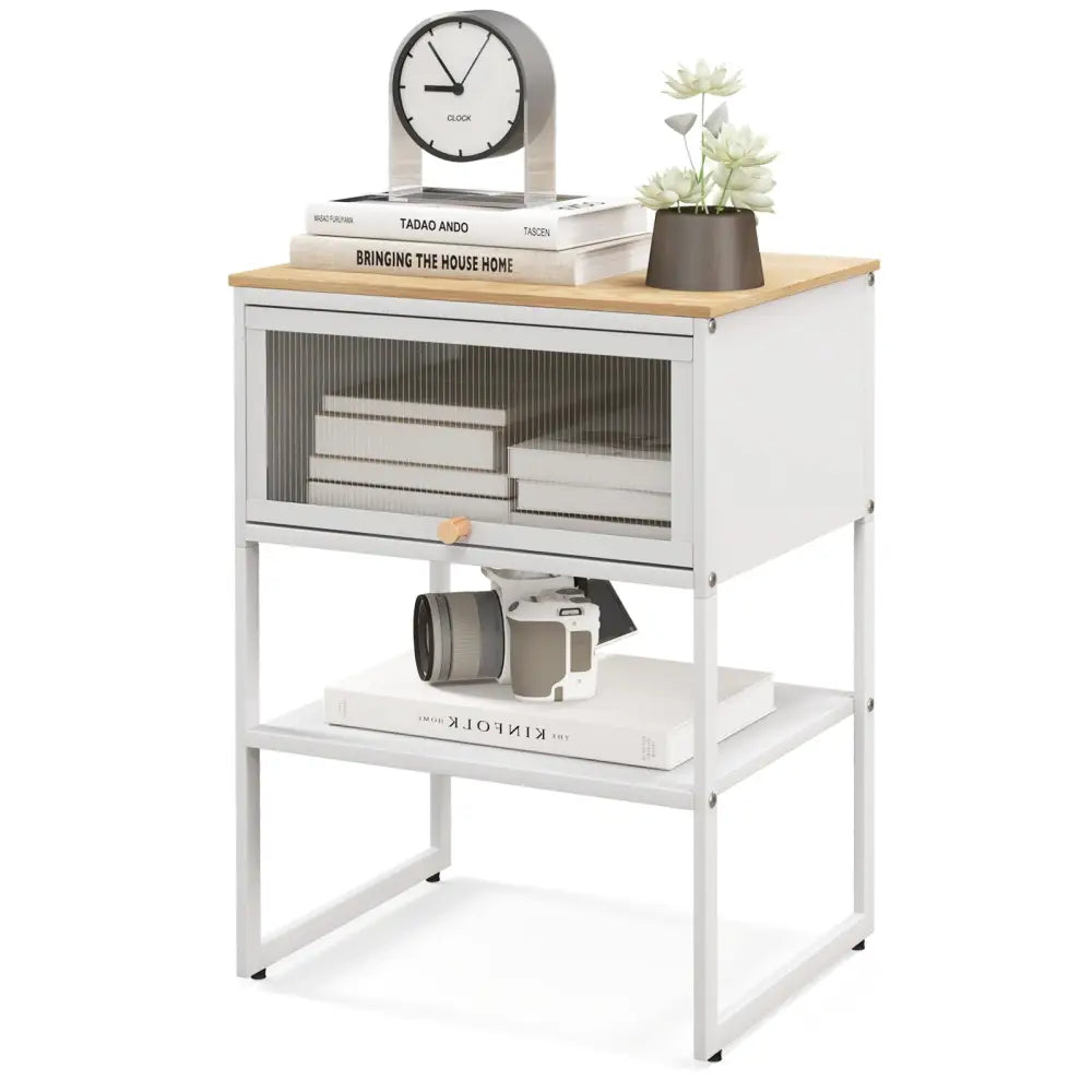 Nightstand with Flip up Door Storage Shelf-White - White - Nightstands