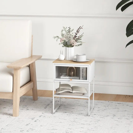 Nightstand with Flip up Door Storage Shelf-White - White - Nightstands