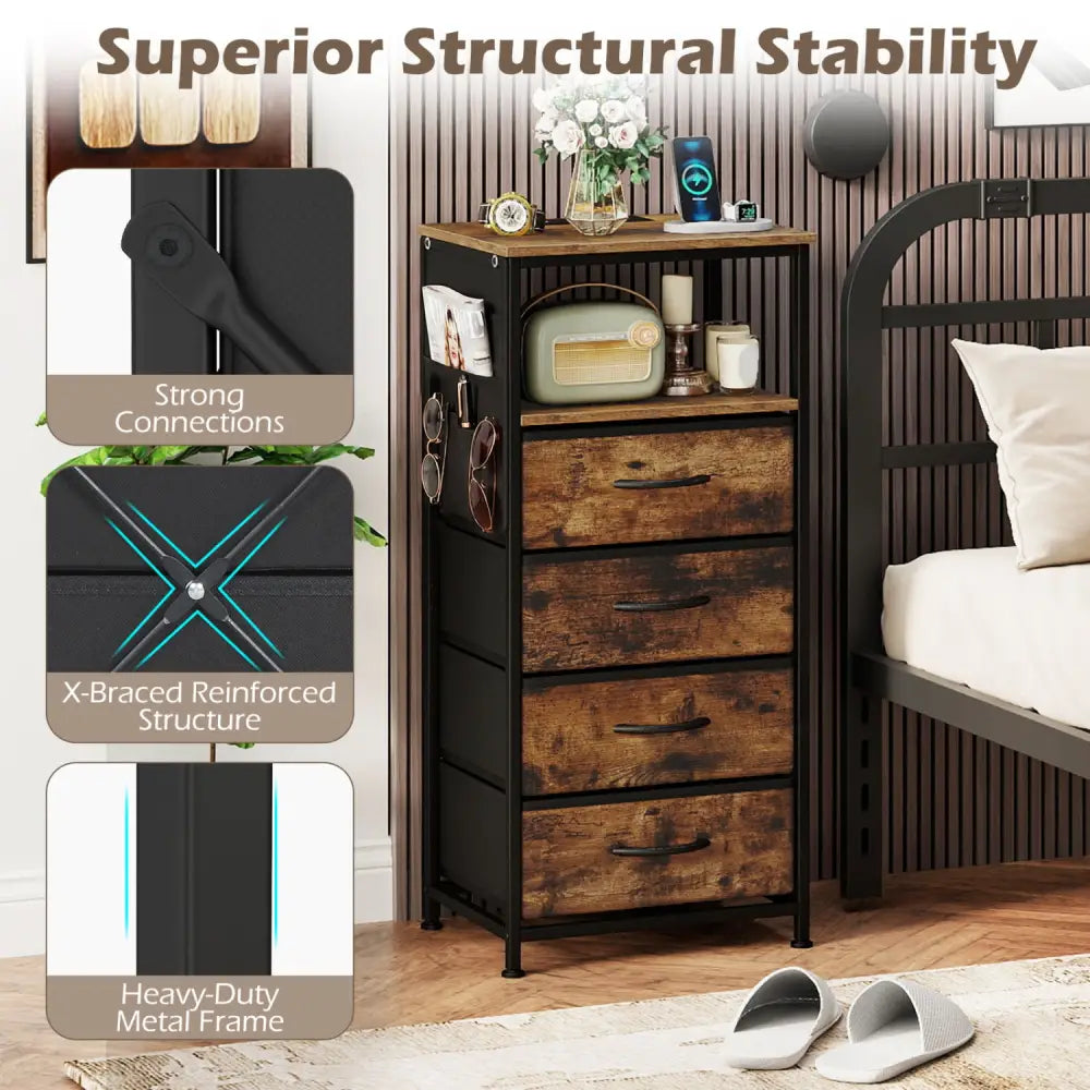 Nightstand with Integrated Charging Station 34’’ Modern Bedside Table-Rustic Brown - Rustic Brown - Nightstands