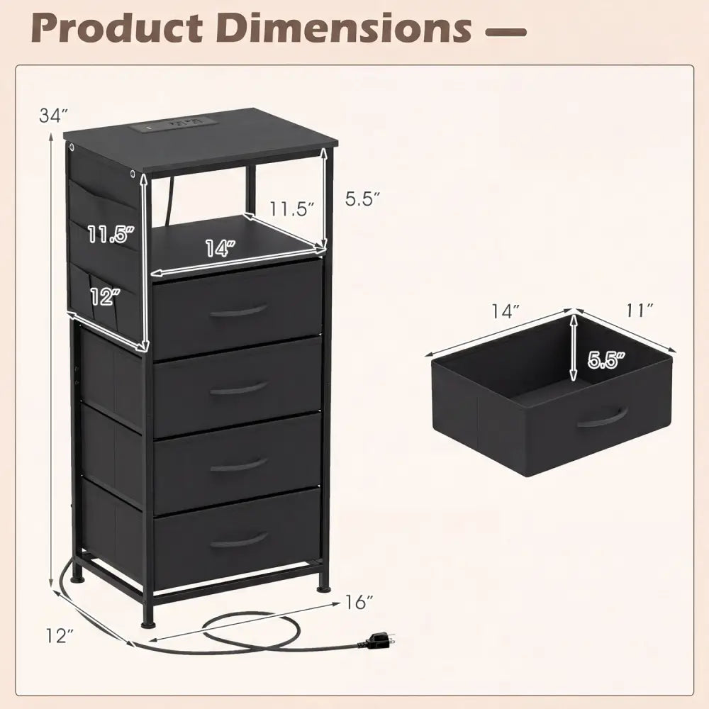 Nightstand with Integrated Charging Station 34’’ Modern Bedside Table-Black - Black - Nightstands